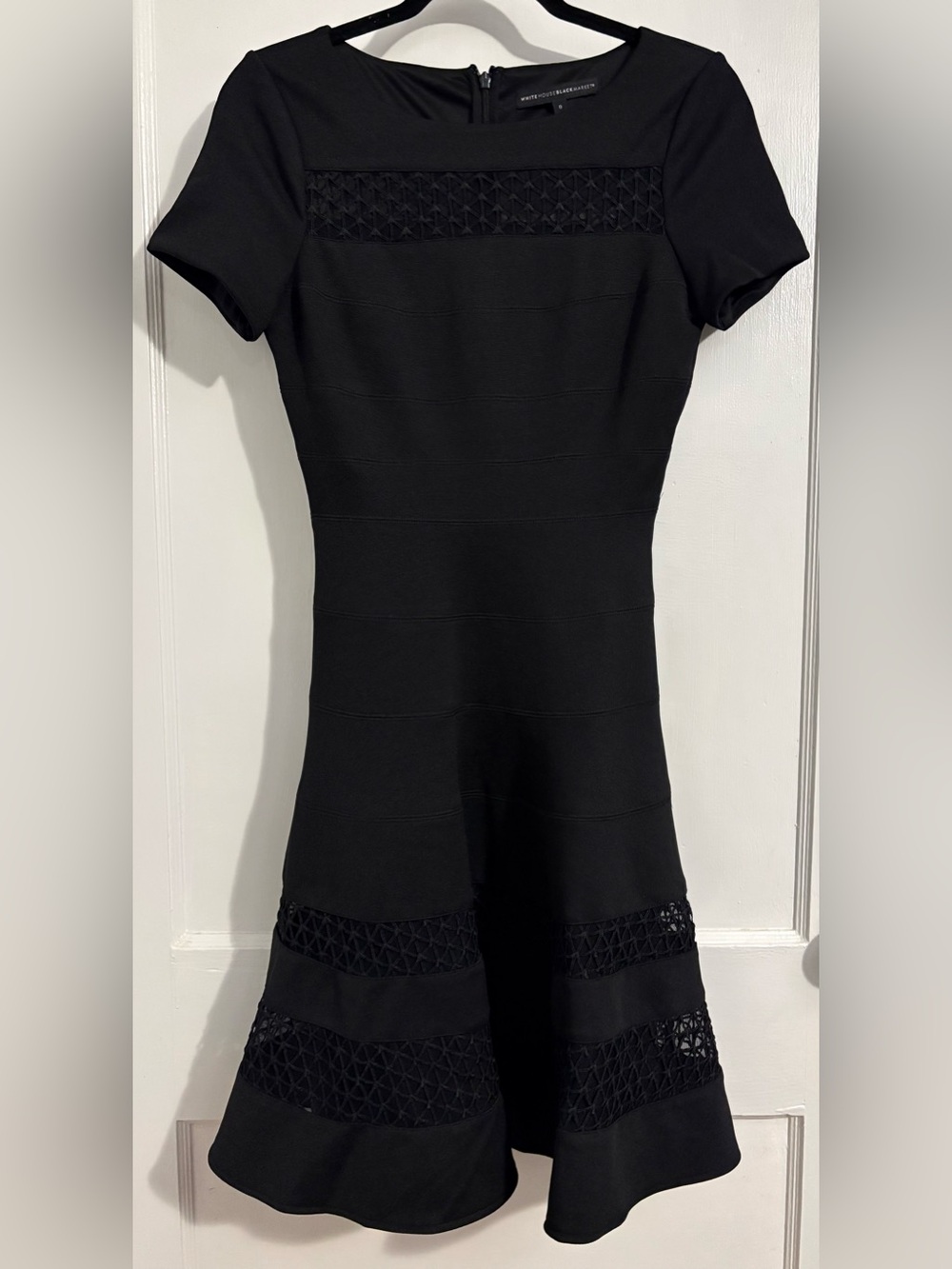 WHBM Black Short-Sleeve Flared Midi Dress with Textured Insets